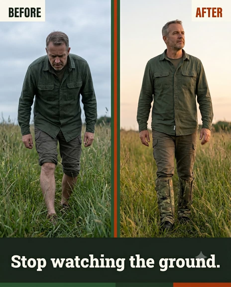 Before and after: the same man head-down and anxious without protection, then upright and relaxed wearing camo gaiters over his boots. Stop watching the ground.