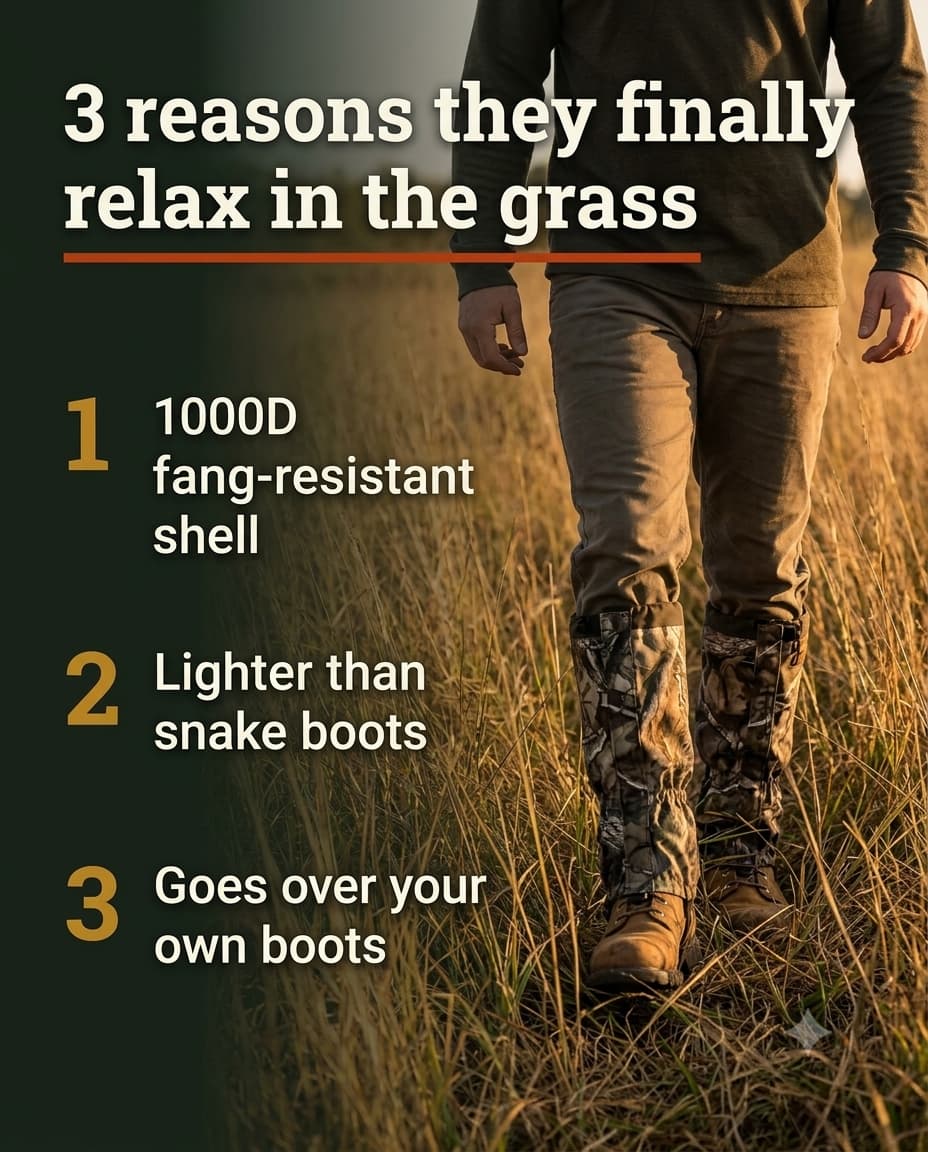 A man walking relaxed through tall grass in the gaiters. Three reasons they finally relax in the grass: 1000D fang-resistant shell, lighter than snake boots, goes over your own boots.