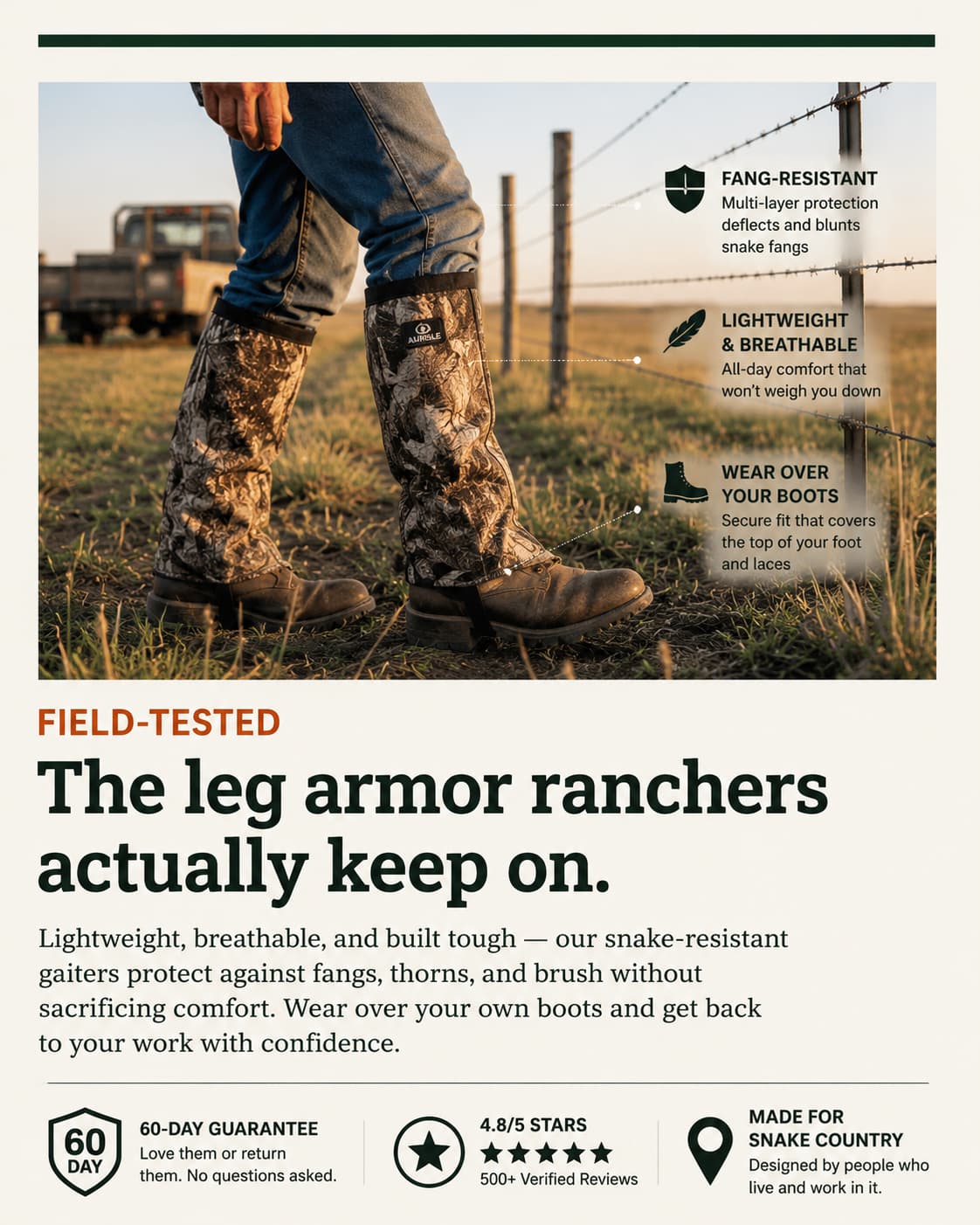 Field-tested: the leg armor ranchers actually keep on. Fang-resistant, lightweight and breathable, wears over your boots, with 60-day guarantee, 4.8 of 5 stars, and made-for-snake-country badges.