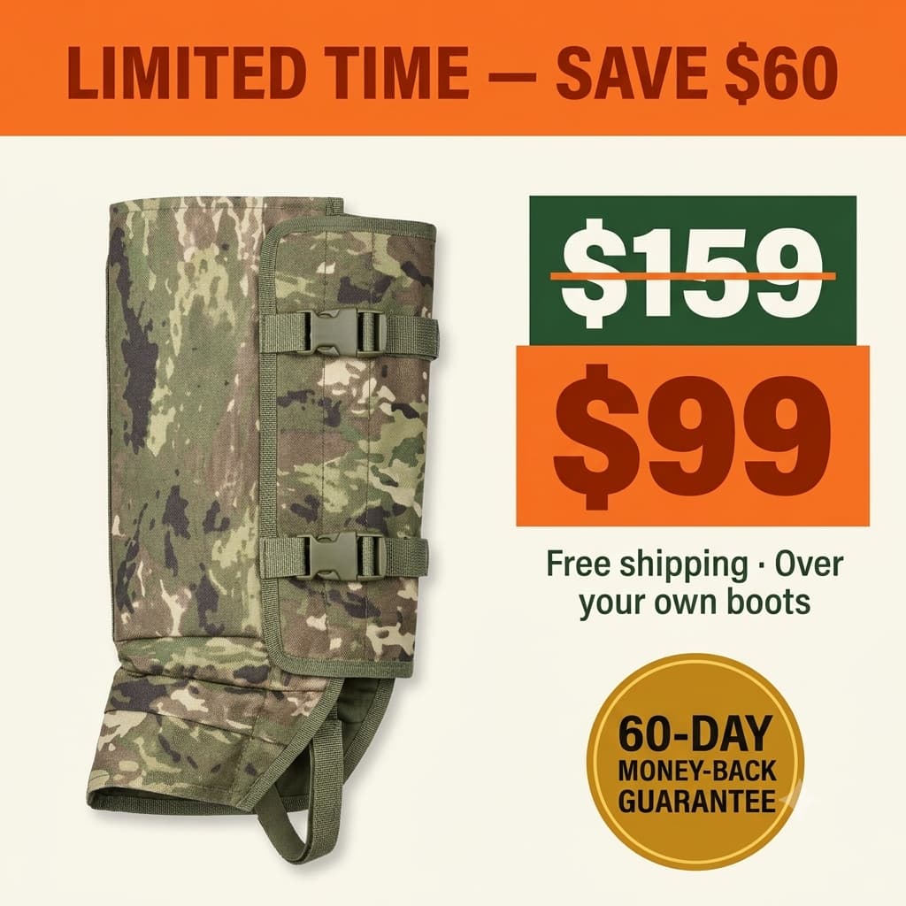 Limited time, save $60: Aurisle gaiters were $159, now $99, free shipping, over your own boots, with a 60-day money-back guarantee.