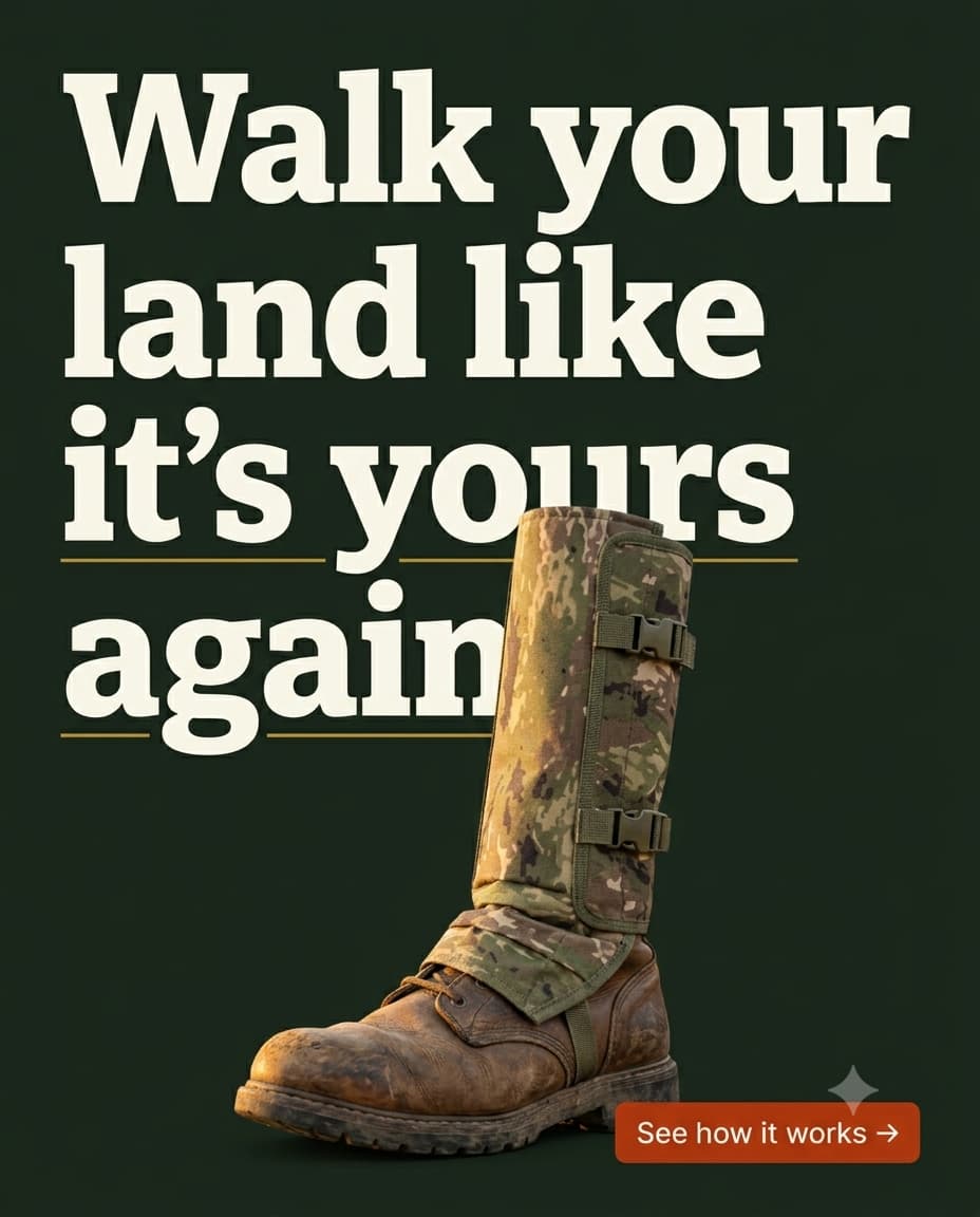 Walk your land like it is yours again. Bold benefit statement over the camo gaiter wrapped on a worn work boot.