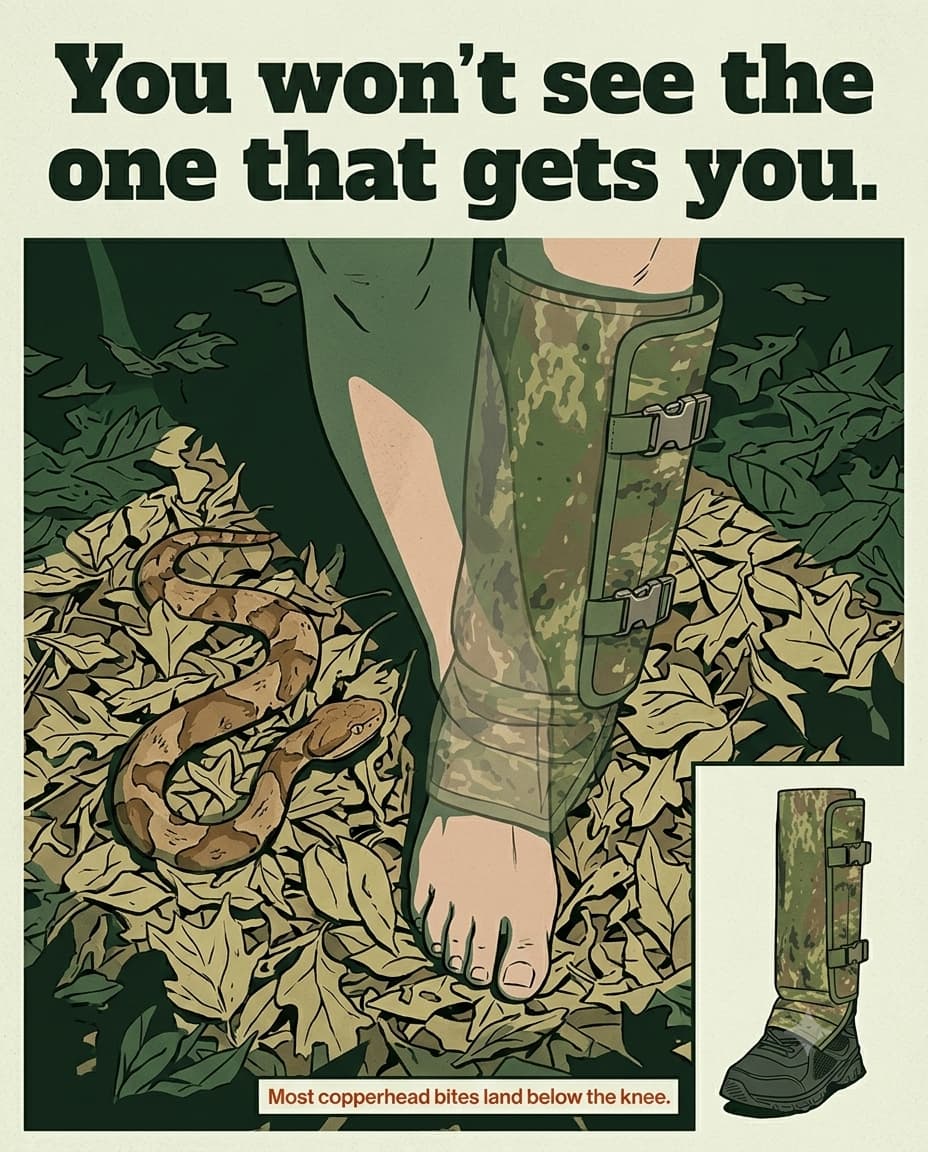 Illustration of a copperhead hidden in leaf litter beside a bare leg and a gaiter-protected leg. You will not see the one that gets you. Most copperhead bites land below the knee.