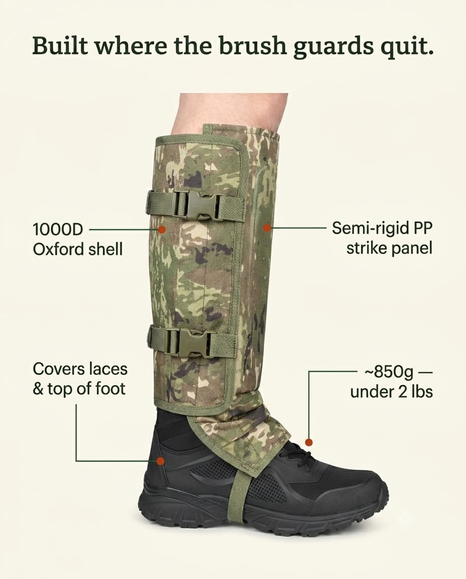 Annotated diagram of the gaiter: 1000D Oxford shell, semi-rigid PP strike panel, covers laces and top of foot, about 850g under 2 lbs. Built where the brush guards quit.