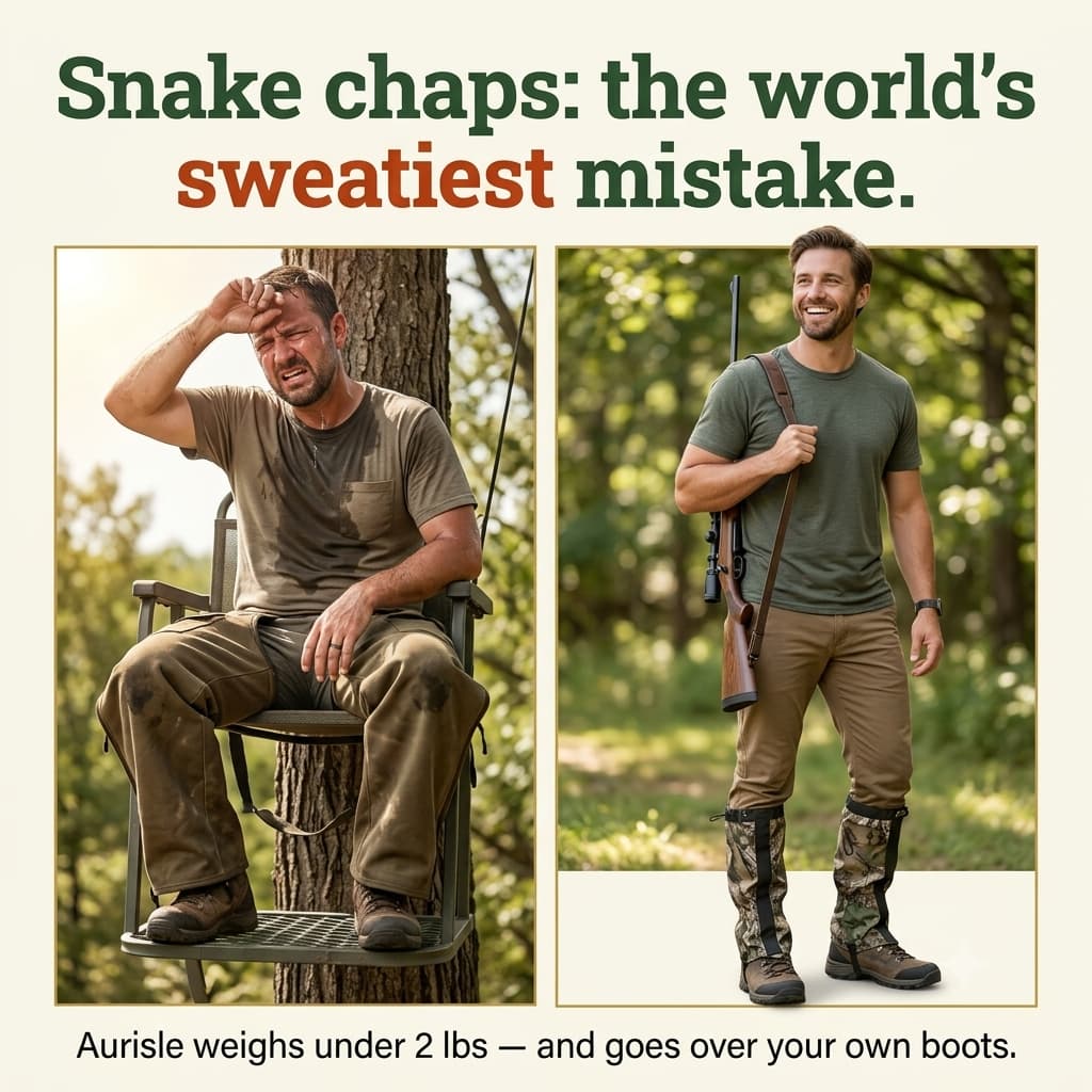 Comparison: a hunter sweating miserably in heavy snake chaps versus a relaxed hunter in lightweight Aurisle gaiters. Snake chaps: the world's sweatiest mistake. Aurisle weighs under 2 lbs and goes over your own boots.
