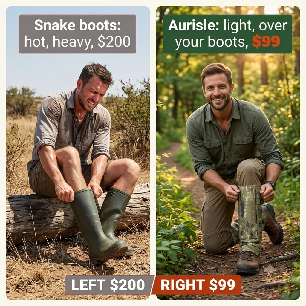 Side by side: snake boots are hot, heavy and $200, while Aurisle is light, goes over your own boots, and costs $99.