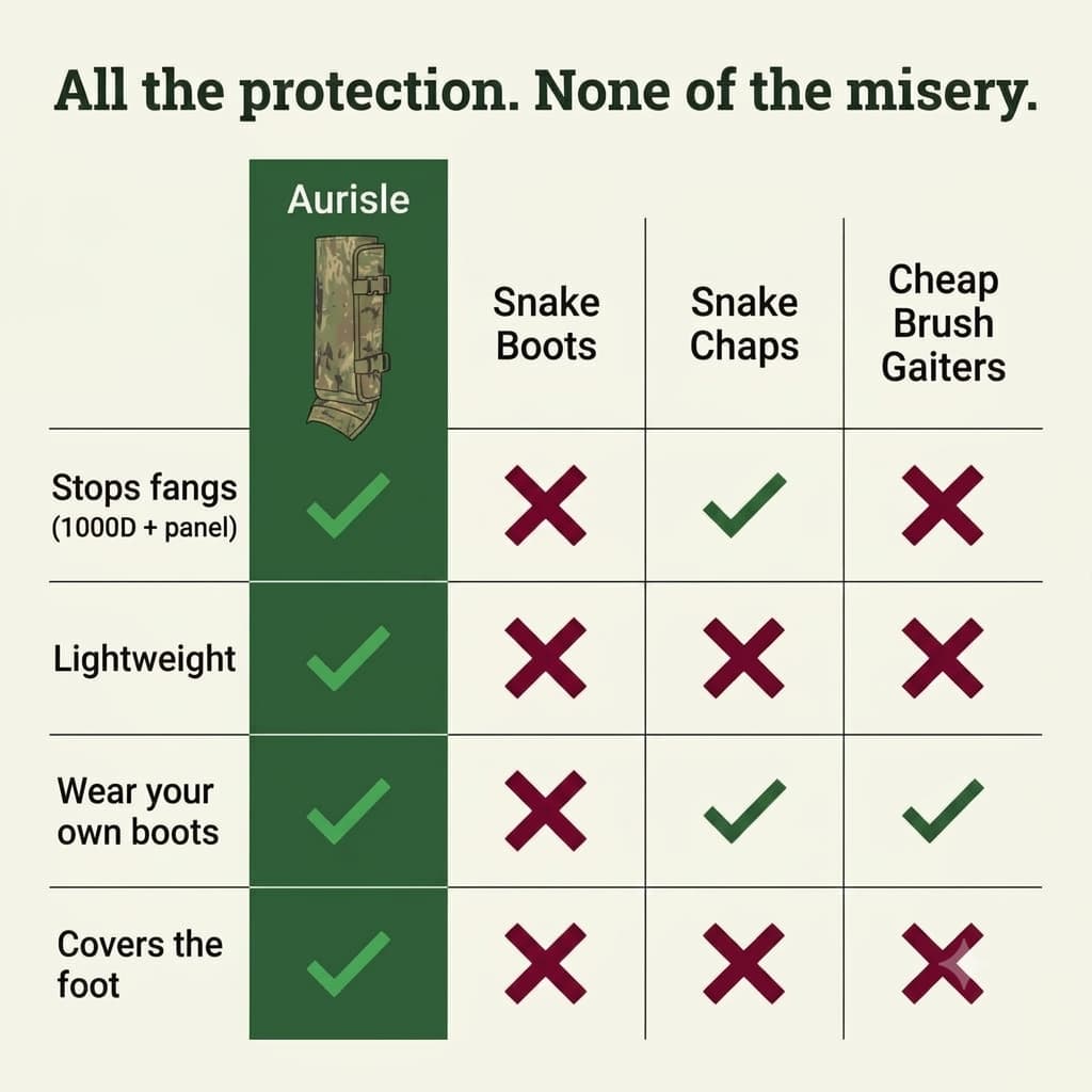 Comparison grid of Aurisle versus snake boots, snake chaps, and cheap brush gaiters across stops fangs, lightweight, wear your own boots, and covers the foot. All the protection. None of the misery.
