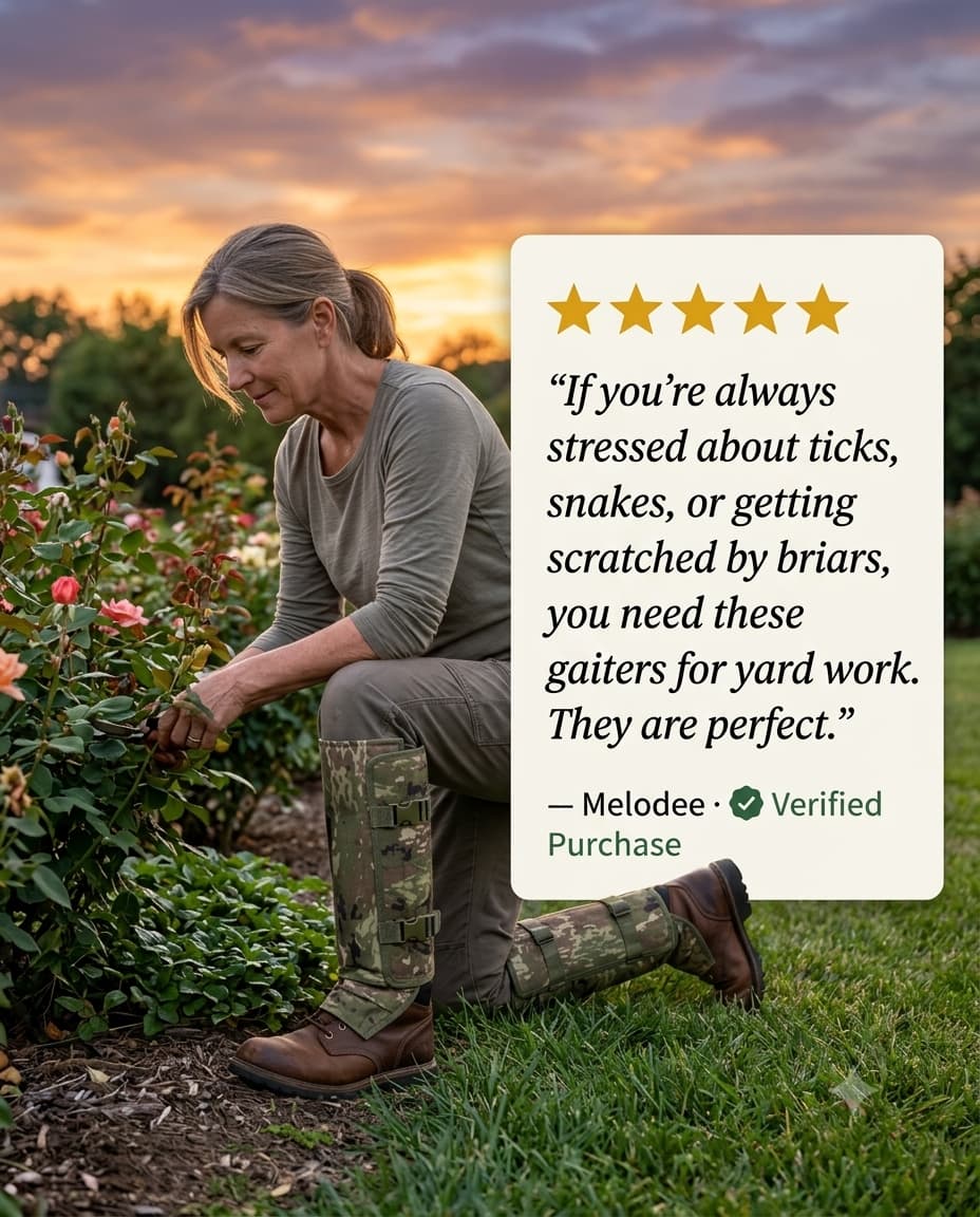 Five-star review from Melodee, a verified purchaser, kneeling in her garden at dusk wearing the gaiters: if you worry about ticks, snakes, or briars, you need these for yard work.