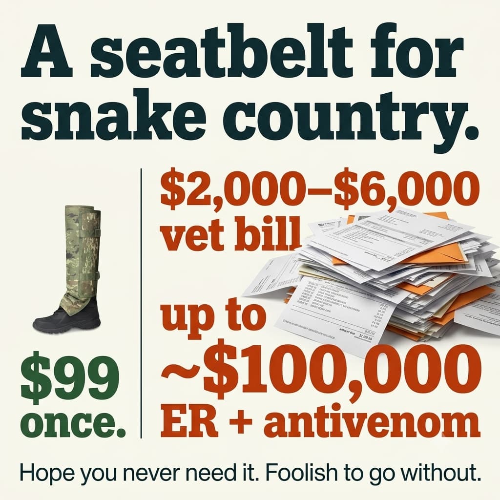 A seatbelt for snake country: $99 once versus a $2,000 to $6,000 vet bill or up to about $100,000 for ER and antivenom. Hope you never need it. Foolish to go without.